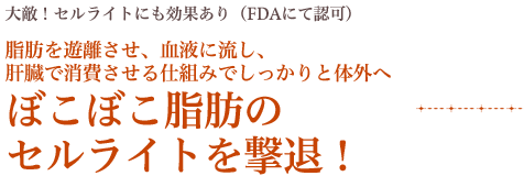 大敵！セルライトにも効果あり（FDAにて認可）脂肪を遊離させ、血液に流し、肝臓で消費させる仕組みでしっかりと体外へぼこぼこ脂肪のセルライトを撃退！